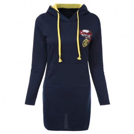 CASUAL HOODED LONG SLEEVE EMBELLISHED STRAIGHT COLOR BLOCK WOMEN'S DRESS