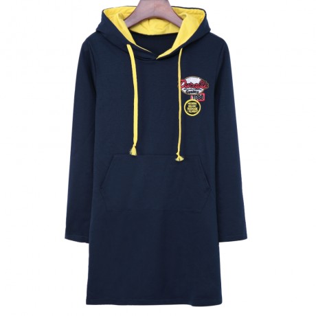 CASUAL HOODED LONG SLEEVE EMBELLISHED STRAIGHT COLOR BLOCK WOMEN'S DRESS
