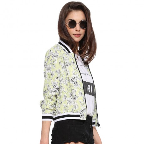 STYLISH STAND COLLAR LONG SLEEVE FLORAL PRINT ZIPPERED WOMEN'S COAT