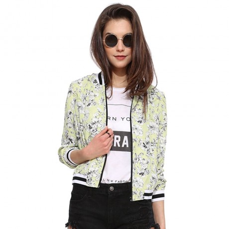STYLISH STAND COLLAR LONG SLEEVE FLORAL PRINT ZIPPERED WOMEN'S COAT