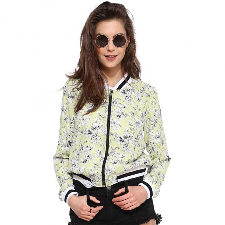 STYLISH STAND COLLAR LONG SLEEVE FLORAL PRINT ZIPPERED WOMEN'S COAT