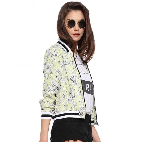 STYLISH STAND COLLAR LONG SLEEVE FLORAL PRINT ZIPPERED WOMEN'S COAT