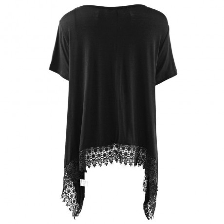 FASHIONABLE ROUND NECK SHORT SLEEVE LACE STITCHING DOVETAIL HEM LOOSE FITTING WOMEN'S BLOU