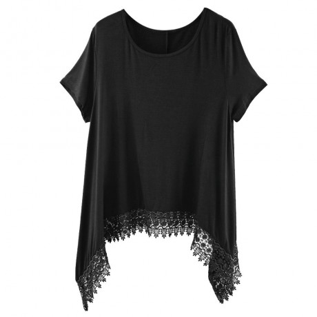 FASHIONABLE ROUND NECK SHORT SLEEVE LACE STITCHING DOVETAIL HEM LOOSE FITTING WOMEN'S BLOU