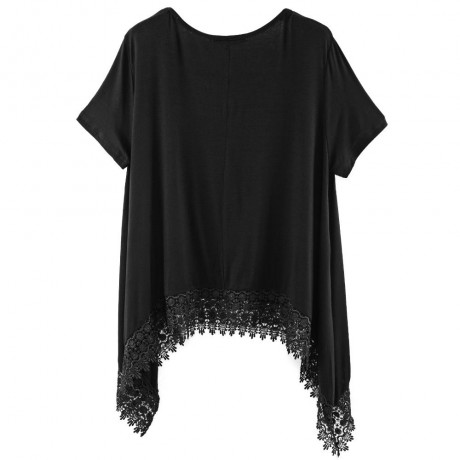 FASHIONABLE ROUND NECK SHORT SLEEVE LACE STITCHING DOVETAIL HEM LOOSE FITTING WOMEN'S BLOU