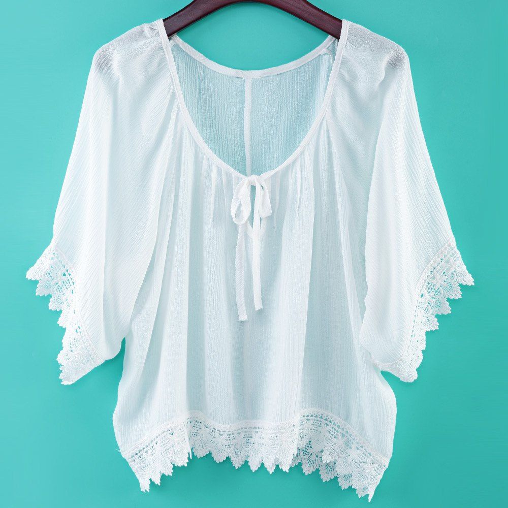 STYLISH ROUND NECK 3/4 BELL SLEEVE LACE STITCHING DESIGN WOMEN'S BLOUSE
