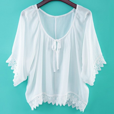 STYLISH ROUND NECK 3/4 BELL SLEEVE LACE STITCHING DESIGN WOMEN'S BLOUSE