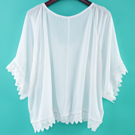 STYLISH ROUND NECK 3/4 BELL SLEEVE LACE STITCHING DESIGN WOMEN'S BLOUSE