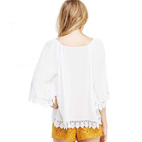 STYLISH ROUND NECK 3/4 BELL SLEEVE LACE STITCHING DESIGN WOMEN'S BLOUSE