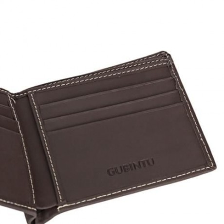 GUBINTU THREAD SOLID COLOR LETTER LEATHER OPEN HORIZONTAL SOFT WALLET FOR MEN (DEEP BROWN)