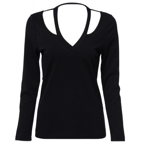 FASHION SEXY DEEP V COLLAR LONG SLEEVE HOLLOW BACKLESS DESIGN WOMEN'S T-SHIRT