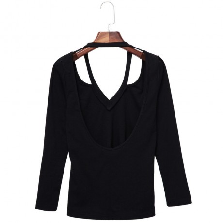 FASHION SEXY DEEP V COLLAR LONG SLEEVE HOLLOW BACKLESS DESIGN WOMEN'S T-SHIRT