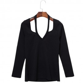 FASHION SEXY DEEP V COLLAR LONG SLEEVE HOLLOW BACKLESS DESIGN WOMEN'S T-SHIRT