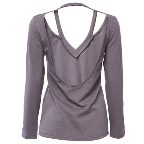FASHION SEXY DEEP V COLLAR LONG SLEEVE HOLLOW BACKLESS DESIGN WOMEN'S T-SHIRT