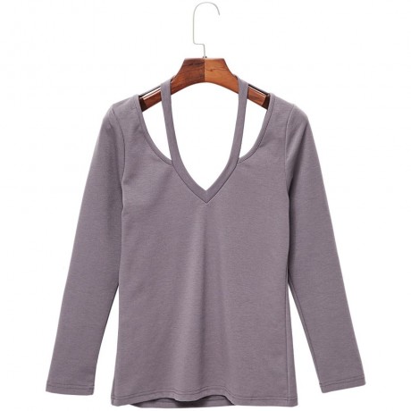 FASHION SEXY DEEP V COLLAR LONG SLEEVE HOLLOW BACKLESS DESIGN WOMEN'S T-SHIRT