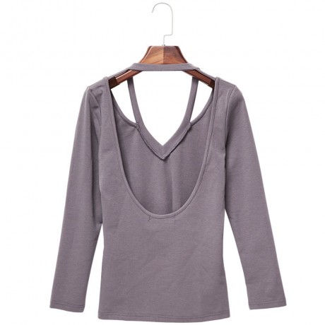 FASHION SEXY DEEP V COLLAR LONG SLEEVE HOLLOW BACKLESS DESIGN WOMEN'S T-SHIRT