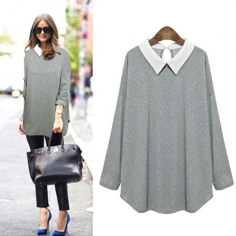 STYLISH SHIRT COLLAR LONG SLEEVE SPLICED COLOR BLOCK LOOSE-FITTING WOMEN'S BLOUSE
