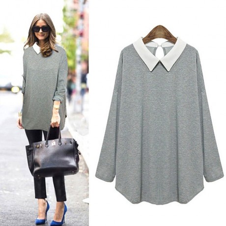 STYLISH SHIRT COLLAR LONG SLEEVE SPLICED COLOR BLOCK LOOSE-FITTING WOMEN'S BLOUSE