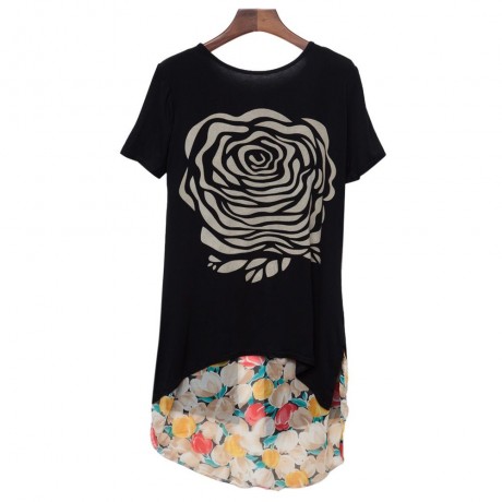 STYLISH SCOOP COLLAR SHORT SLEEVE FLORAL PRINT ASYMETRICAL PLUS SIZE WOMEN'S T-SHIRT