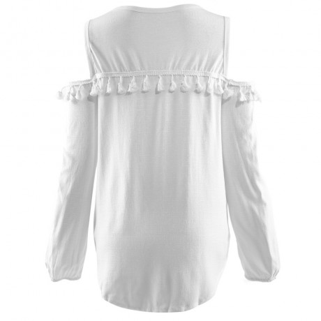 STYLISH ROUND NECK LONG SLEEVE TASSELS SHOULDER DESIGN WOMEN'S CHIFFON SHIRT