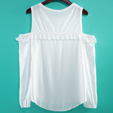 STYLISH ROUND NECK LONG SLEEVE TASSELS SHOULDER DESIGN WOMEN'S CHIFFON SHIRT