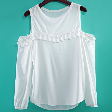 STYLISH ROUND NECK LONG SLEEVE TASSELS SHOULDER DESIGN WOMEN'S CHIFFON SHIRT