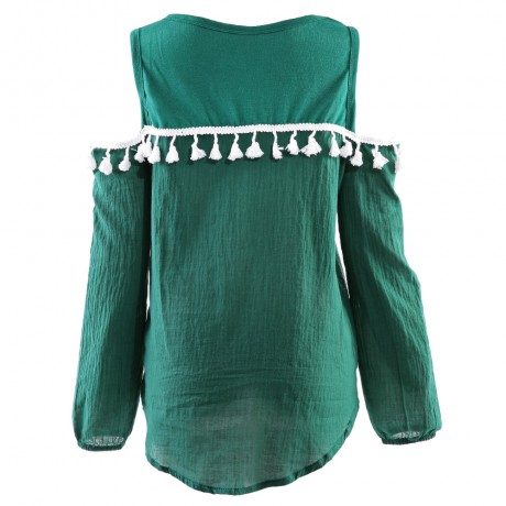 STYLISH ROUND NECK LONG SLEEVE TASSELS SHOULDER DESIGN WOMEN'S CHIFFON SHIRT