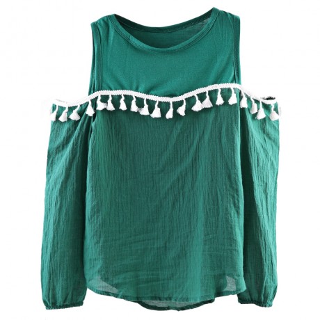 STYLISH ROUND NECK LONG SLEEVE TASSELS SHOULDER DESIGN WOMEN'S CHIFFON SHIRT