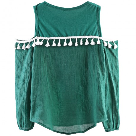 STYLISH ROUND NECK LONG SLEEVE TASSELS SHOULDER DESIGN WOMEN'S CHIFFON SHIRT