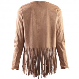 STYLISH COLLARLESS LONG SLEEVE FRINGED STITCHING DESIGN WOMEN'S COAT.