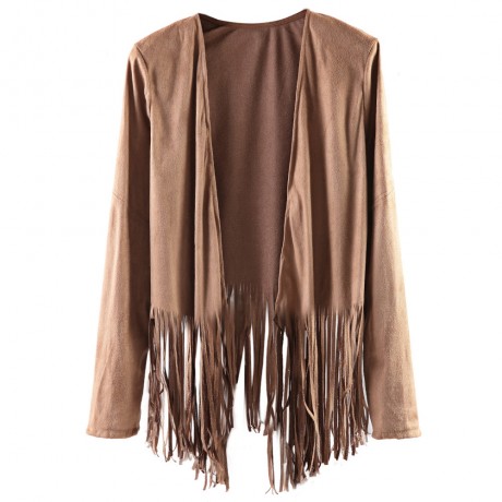 STYLISH COLLARLESS LONG SLEEVE FRINGED STITCHING DESIGN WOMEN'S COAT.