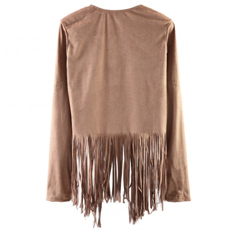 STYLISH COLLARLESS LONG SLEEVE FRINGED STITCHING DESIGN WOMEN'S COAT.