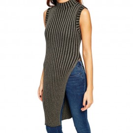 STYLISH TURTLENECK SLEEVELESS STRIPED SLIT KNITTED WOMEN'S SWEATER
