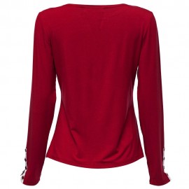 FASHIONABLE SEXY DEEP V NECK LONG SLEEVE BUTTON DESIGN SLIM WOMEN'S T-SHIRT