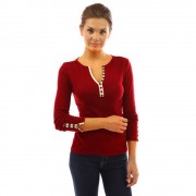 FASHIONABLE SEXY DEEP V NECK LONG SLEEVE BUTTON DESIGN SLIM WOMEN'S T-SHIRT