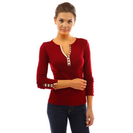 FASHIONABLE SEXY DEEP V NECK LONG SLEEVE BUTTON DESIGN SLIM WOMEN'S T-SHIRT