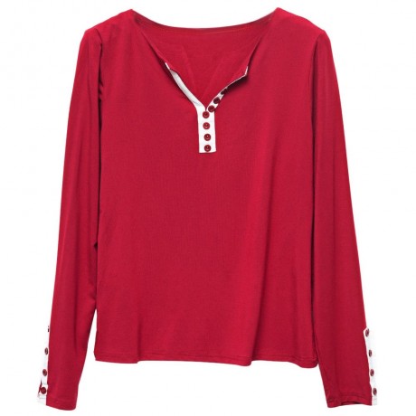 FASHIONABLE SEXY DEEP V NECK LONG SLEEVE BUTTON DESIGN SLIM WOMEN'S T-SHIRT