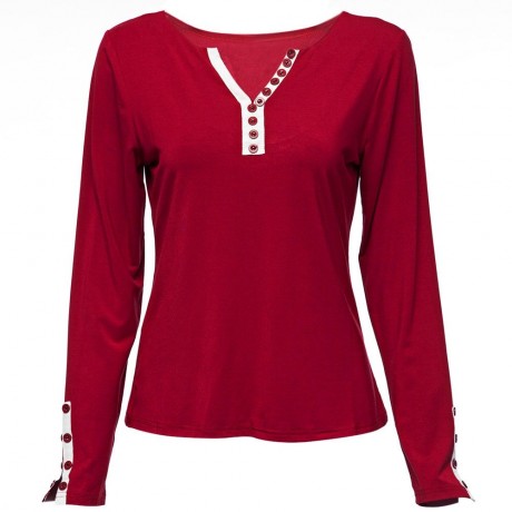 FASHIONABLE SEXY DEEP V NECK LONG SLEEVE BUTTON DESIGN SLIM WOMEN'S T-SHIRT