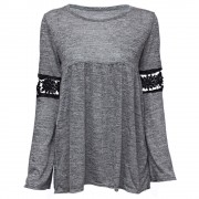 STYLISH ROUND COLLAR LONG SLEEVE HOLLOW OUT LACE STITCHING WOMEN'S T-SHIRT