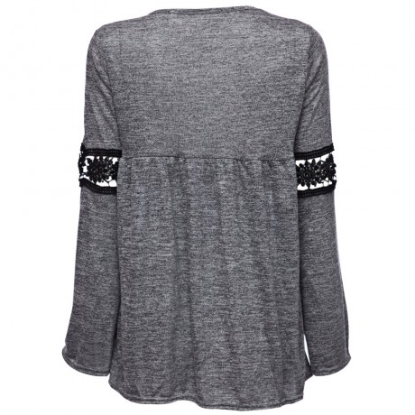 STYLISH ROUND COLLAR LONG SLEEVE HOLLOW OUT LACE STITCHING WOMEN'S T-SHIRT