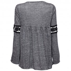 STYLISH ROUND COLLAR LONG SLEEVE HOLLOW OUT LACE STITCHING WOMEN'S T-SHIRT