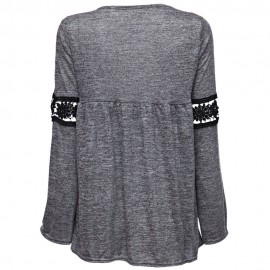 STYLISH ROUND COLLAR LONG SLEEVE HOLLOW OUT LACE STITCHING WOMEN'S T-SHIRT