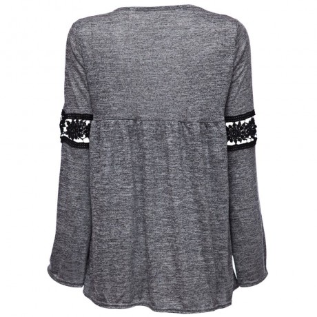 STYLISH ROUND COLLAR LONG SLEEVE HOLLOW OUT LACE STITCHING WOMEN'S T-SHIRT