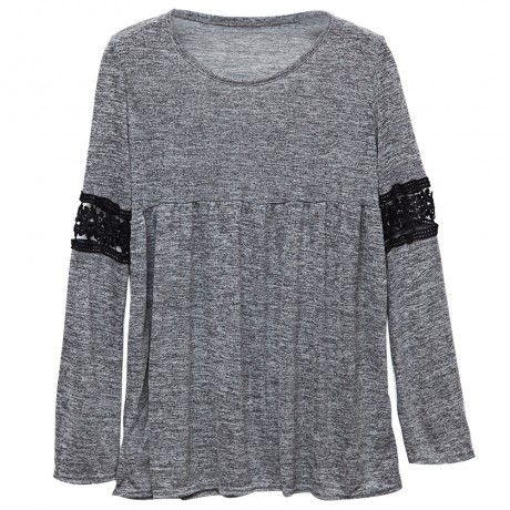 STYLISH ROUND COLLAR LONG SLEEVE HOLLOW OUT LACE STITCHING WOMEN'S T-SHIRT