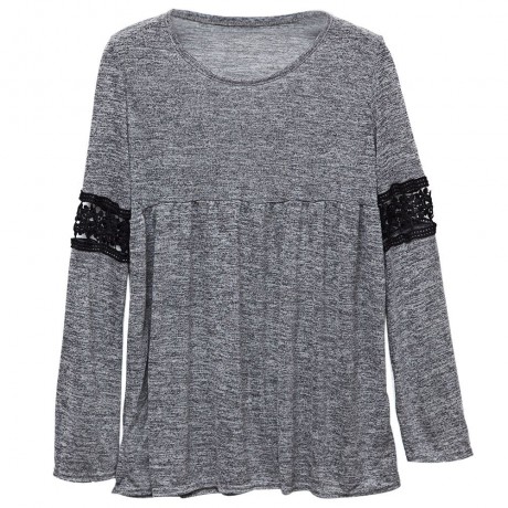 STYLISH ROUND COLLAR LONG SLEEVE HOLLOW OUT LACE STITCHING WOMEN'S T-SHIRT