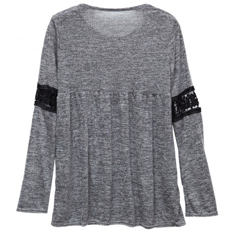 STYLISH ROUND COLLAR LONG SLEEVE HOLLOW OUT LACE STITCHING WOMEN'S T-SHIRT