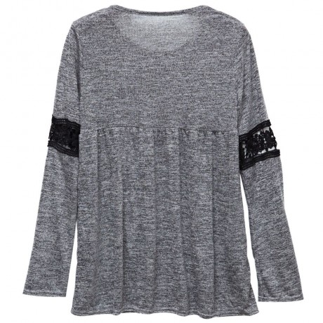 STYLISH ROUND COLLAR LONG SLEEVE HOLLOW OUT LACE STITCHING WOMEN'S T-SHIRT
