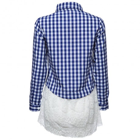 STYLISH TURN-DOWN COLLAR LONG SLEEVE LATTICE AND LACE STITCHING WOMEN'S SHIRT