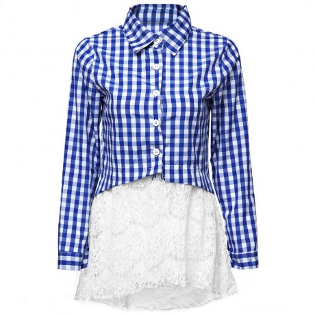 STYLISH TURN-DOWN COLLAR LONG SLEEVE LATTICE AND LACE STITCHING WOMEN'S SHIRT