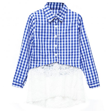 STYLISH TURN-DOWN COLLAR LONG SLEEVE LATTICE AND LACE STITCHING WOMEN'S SHIRT